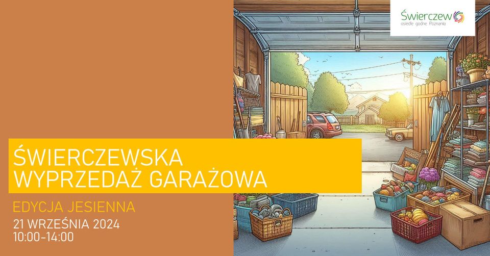 Połowa obrazu to miejsce na tekst, a druga połowa przedstawia garaż. W tym garażu drzwi są otwarte, a światło z ulicy oświetla wiele rzeczy na sprzedaż.