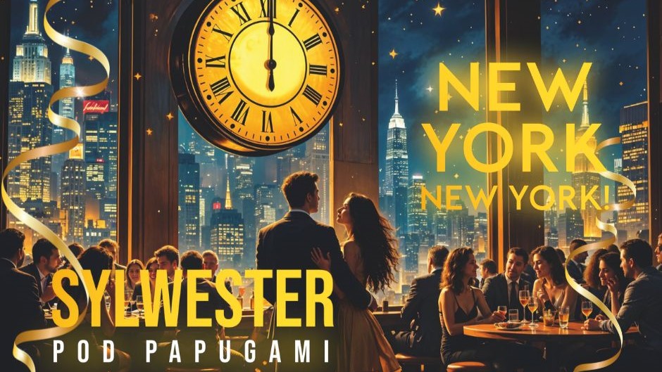 Plakat, tło przedstawia nocny widok na panoramę Nowego Jorku, z charakterystycznymi wieżowcami. W centralnej części znajduje się duży, złoty zegar, który wskazuje za kilka minut północ. Na pierwszym planie widoczna jest para tańcząca, otoczona przez ludzi siedzących przy stolikach i świętujących. Plakat ozdobiony jest złotymi wstążkami i gwiazdkami, co podkreśla atmosferę świątecznej zabawy. Na górze widnieje napis "New York, New York!", a poniżej "Sylwester pod papugami".
