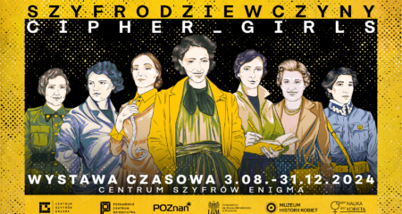 Plakat, żółta ramka, czarne tło, a na nim rysunek siedmiu kobiet.