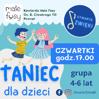 Plakat reklamujący zajęcia taneczne dla dzieci. Informacje o wydarzeniu i rysunek pary tańczących dzieci.