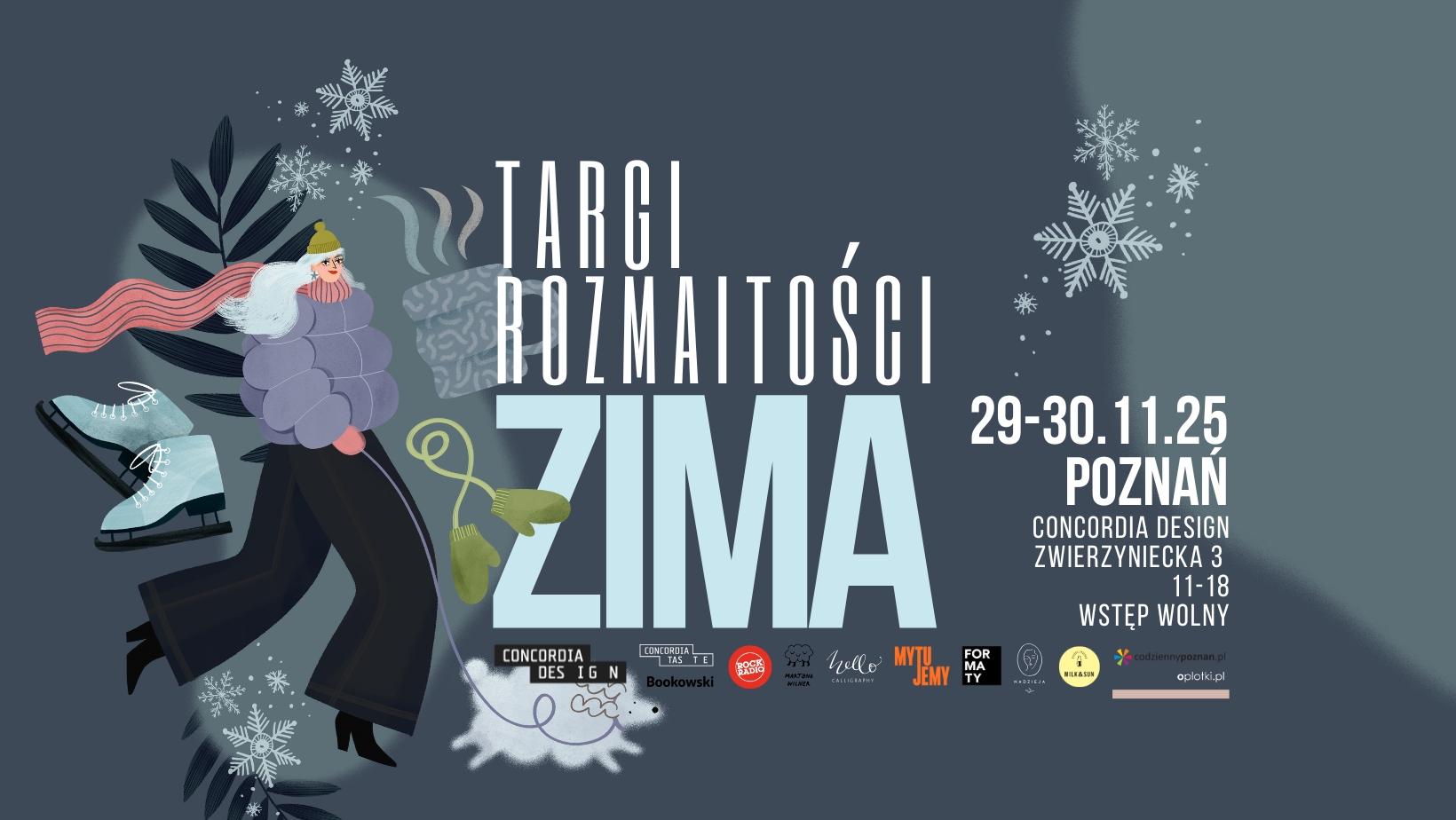 Szaro-niebieskie tło z postacią ubraną w zimowy strój. Postać ma puchową kurtkę, długie spodnie, kozaki, czapkę i szalik. Prowadzi na smyczy psa rasy pudel. W tle spadające śnieżynki.