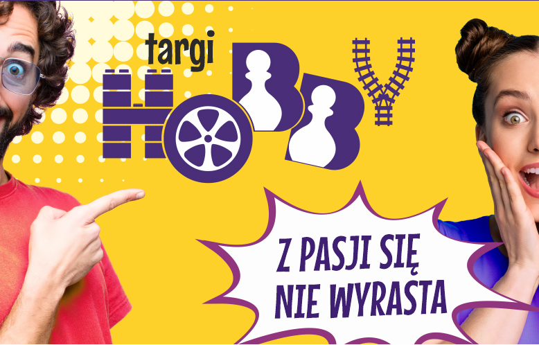 To jest kolorowa i dynamiczna grafika promocyjna z dwiema osobami: mężczyzną po lewej stronie z brodą i okularami, ubranym w czerwoną koszulkę, uśmiechającym się i wskazującym na centralny tekst i ikony na obrazie, oraz kobietą po prawej stronie z ręką przy policzku, wyrażającą zdziwienie lub ekscytację, ubraną w fioletową koszulkę.