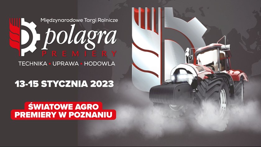 Obrazek to plakat promujący Targi Polagra Premiery 2023. Oprócz informacji o wydarzeniu, znajduje się na nim także czerwony traktor.