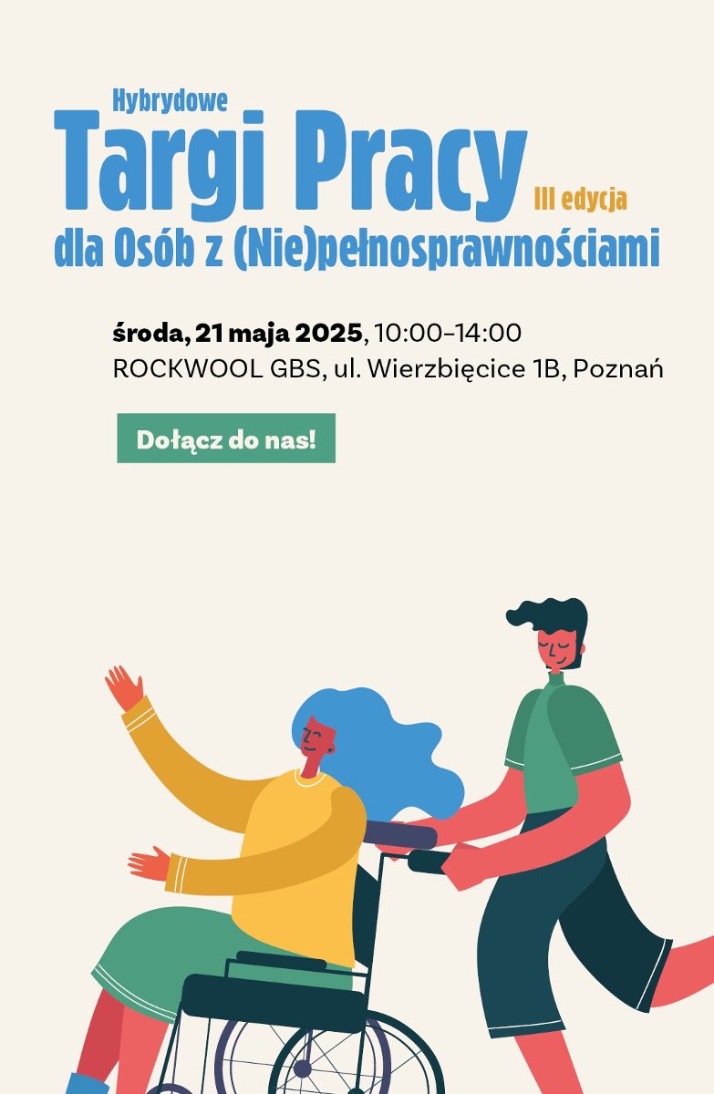 Grafika promująca wydarzenie. Ilustracja dwóch uśmiechniętych osób, jedna z nich porusza się na wózku.