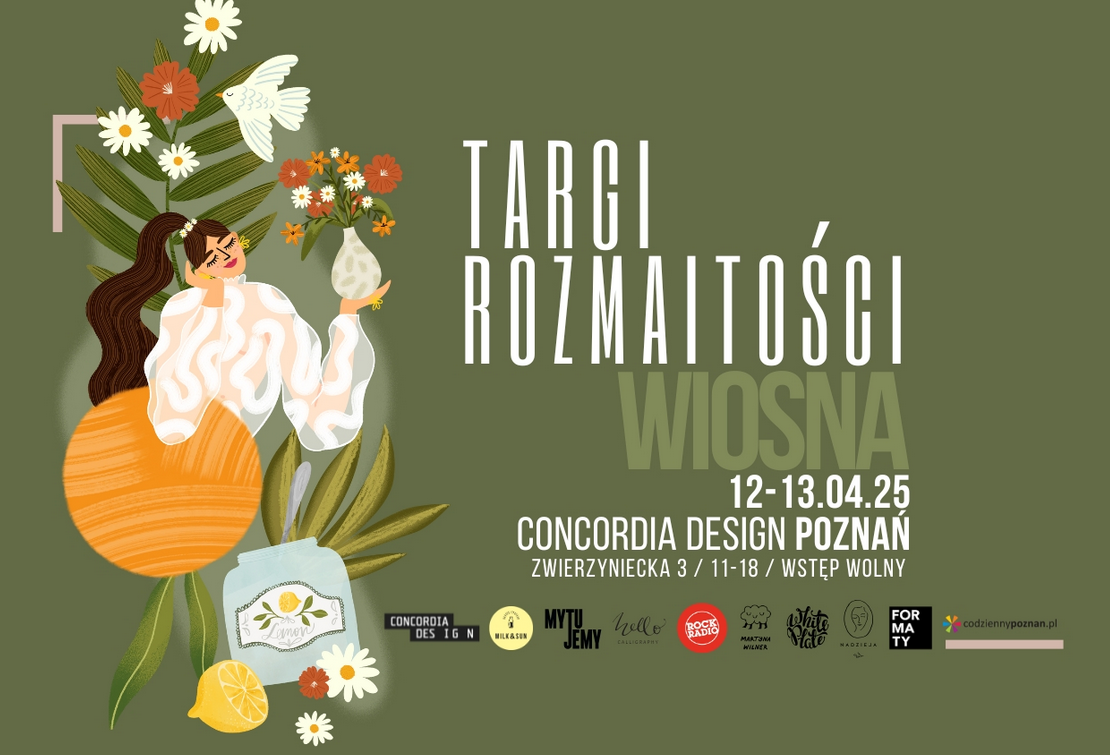 Na banerze dominuje stylowa, wiosenna grafika - kobieta w białej, zwiewnej bluzce trzymająca wazon z kwiatami, otoczona roślinnością, cytryną, słoiczkiem z napisem "lemon" i pomarańczą. Obok niej unosi się biały ptak, a całość kompozycji podkreśla lekkość i świeżość nadchodzącej wiosny. Po prawej stronie umieszczono nazwę wydarzenia i szczegóły organizacyjne.