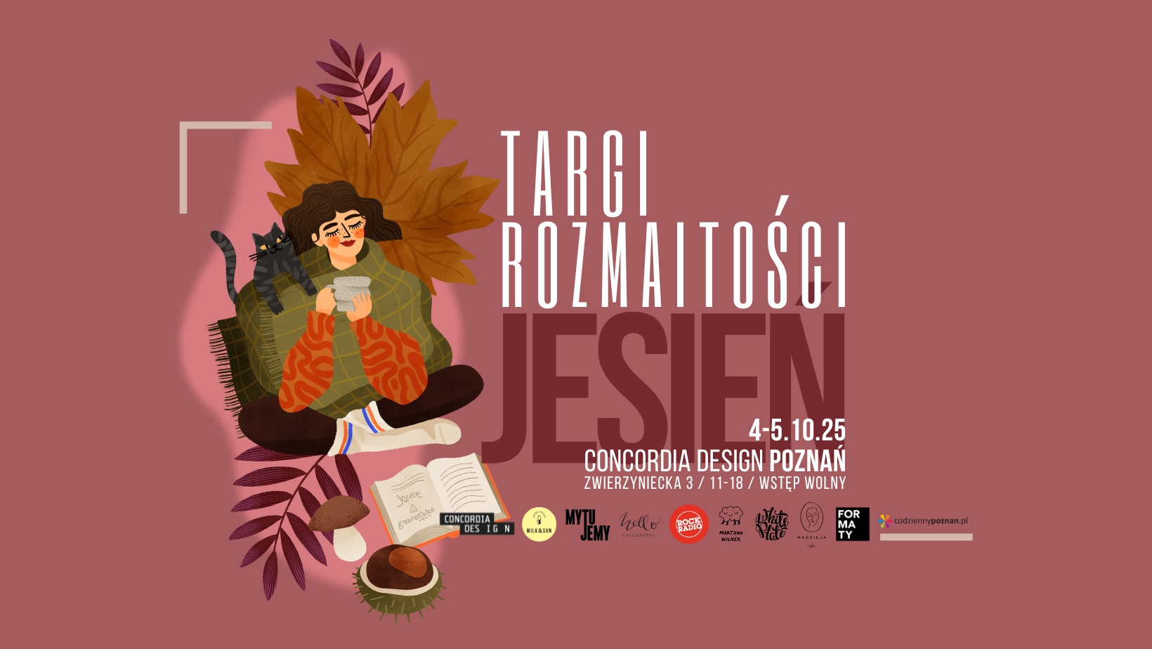 Plakat reklamujący jesienne Targi Rozmaitości, z kobietą siedzącą pod kocem z herbatą w dłoniach i kotem na ramieniu.
