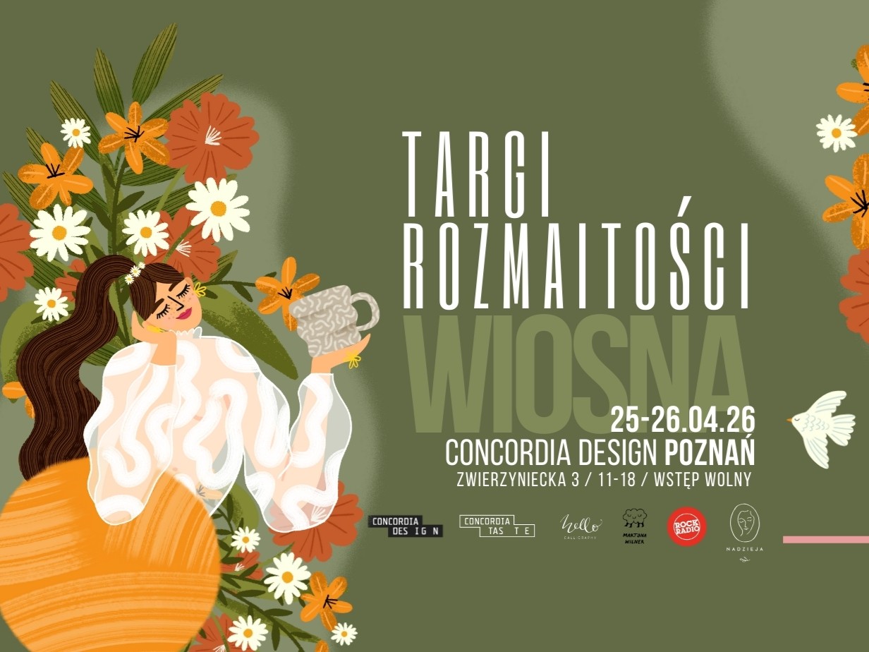 Informacje o targach rozmaitości, z lewej strony rysunkowa kobieta trzyma w dłoni jakiś kubek albo inną doniczkę, w sumie ciężko stwierdzić. W tle kolor zielony i dużo kwiatków.