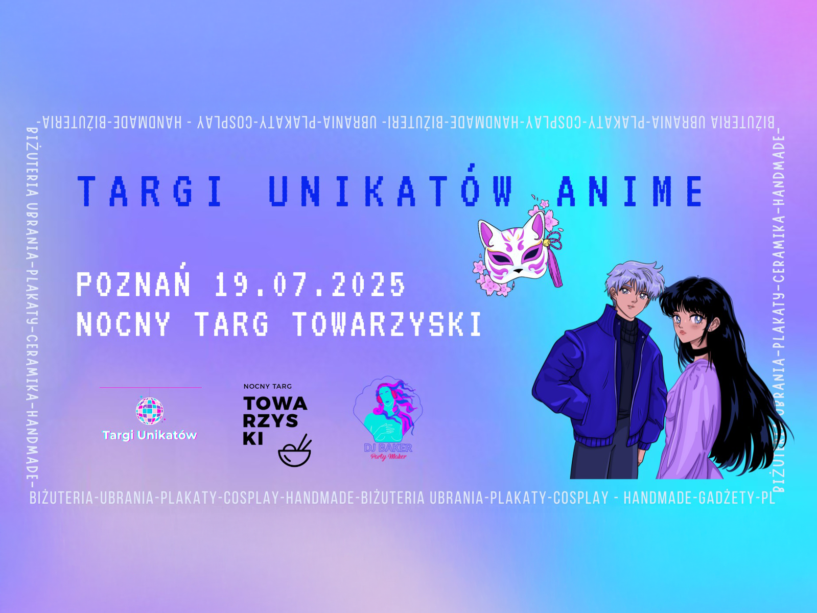 Informacje o targach unikatów anime, ilustracja z postaciami w stylu anime.