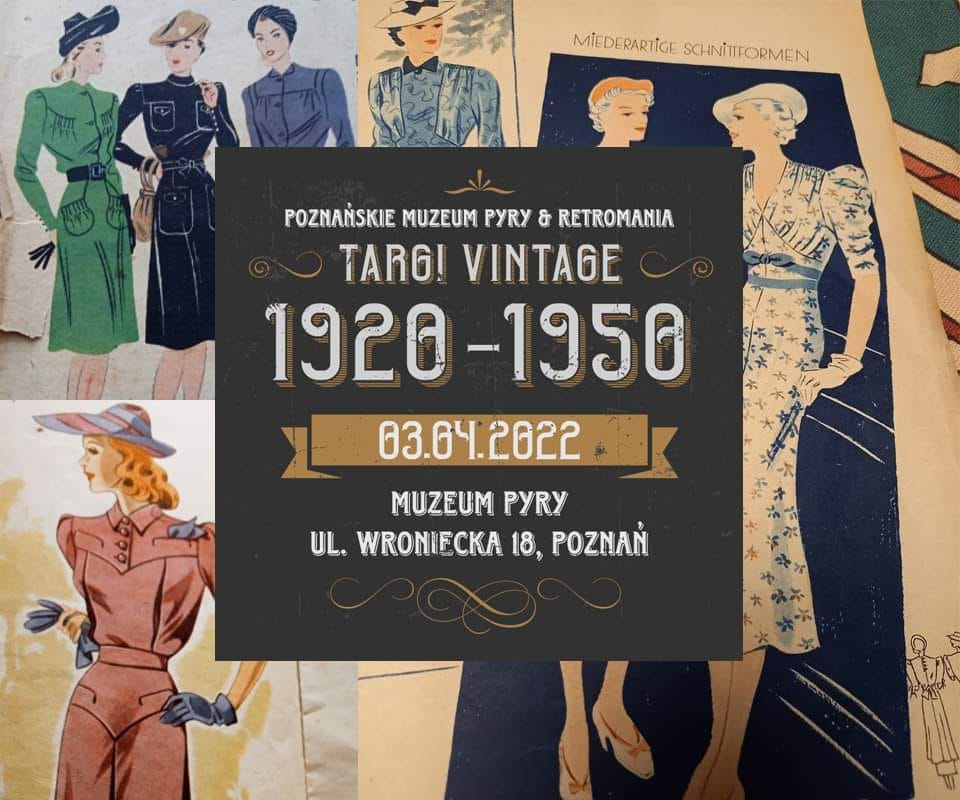 Informacje dotyczące wydarzenia na tle grafik prezentujących ubiór z lat 1920-1950.