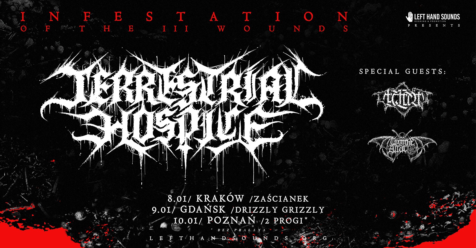 Czarne tło z białym ozdobnym napisem z nazwą zespołu.