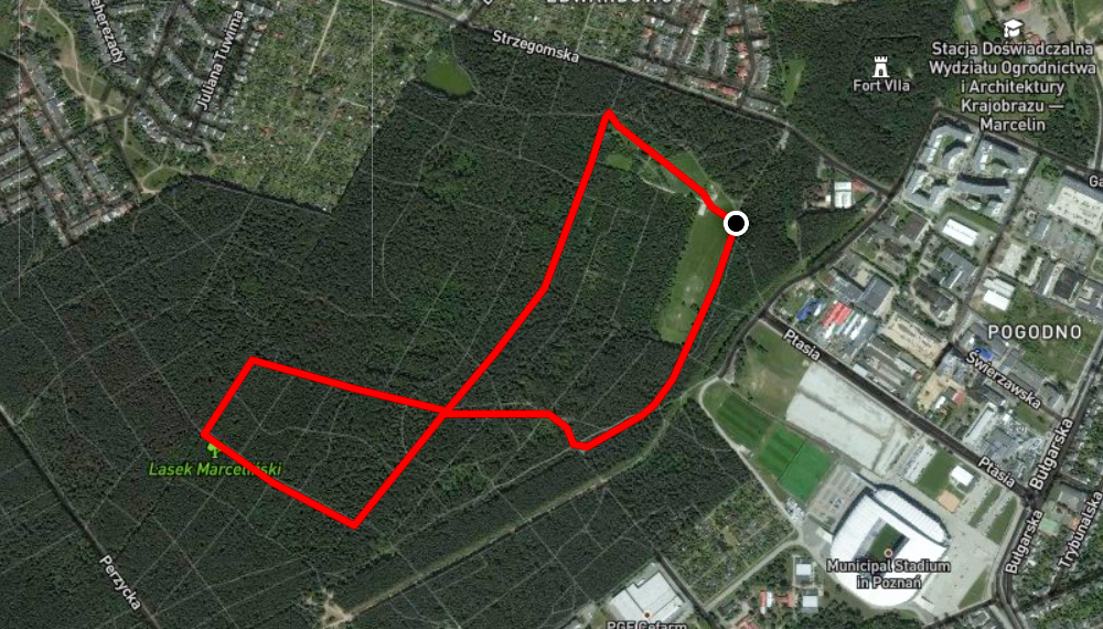 Mapka z zaznaczoną trasą biegu w okolicy Lasku Marcelińskiego.