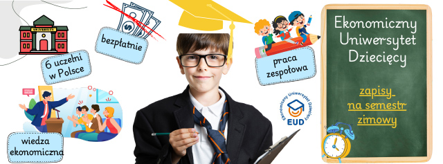 Plakat prezentuje młodego ucznia w dużych okularach. W rękach trzyma tablet do notowania. Na szyi ma zabawny okular dla dorosłych. W tle znajdują się różne napisy z informacjami o wydarzeniu.