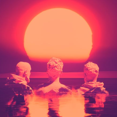 Trzej mężczyźni tyłem. Są zanurzeni w wodzie aż do ramion. Patrzą na duże, okrągłe słońce, otoczeni czerwono-pomarańczową, rozmytą poświatą.