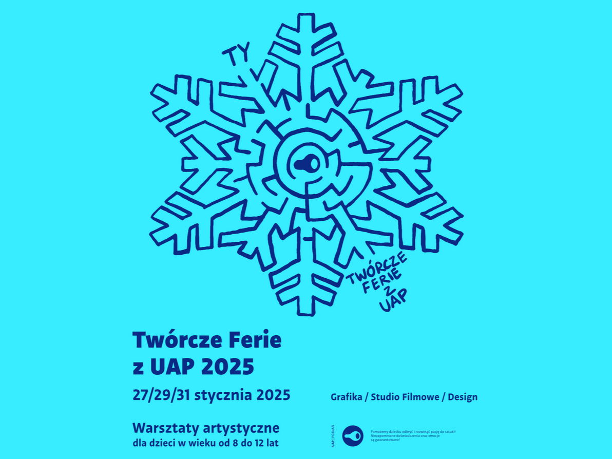 Rysunek płatka śniegu na niebieskim tle, informacje o warsztatach na Uniwersytecie Artystycznym w Poznaniu.
