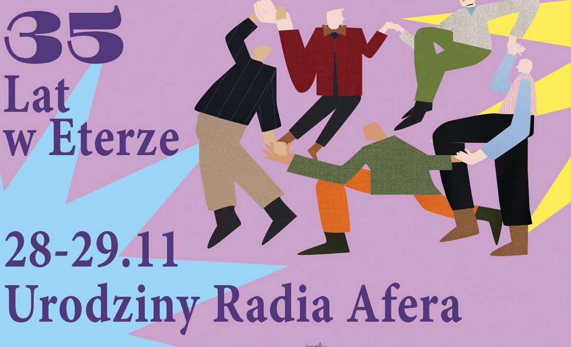 Kolorowa grafika przedstawia roztańczone osoby, z boku napis 35 lat w eterze.