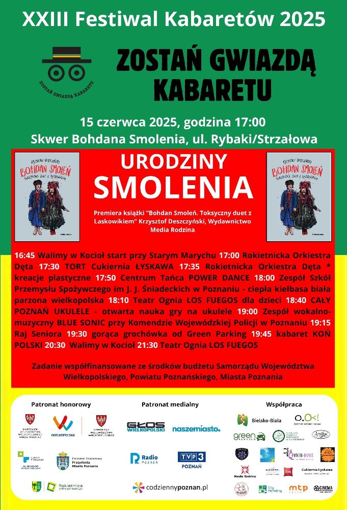 Baner reklamujący Urodziny Smolenia. Na czerwonym tle rozpisany program wydarzenia.