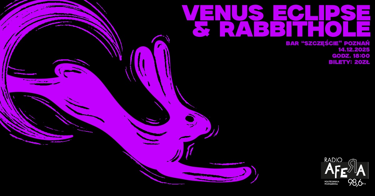 Fioletowy rysunek królika, informacje o koncercie zespołów Venus Eclipse i Rabbithole.