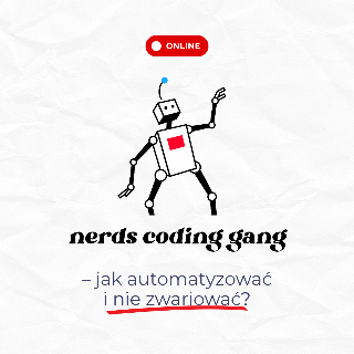 Rysunek robota, obok informacje o wydarzeniu online.