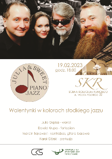 Plakat dotyczy koncertu z cyklu Klasyczne akcenty, pod tytułem Walentynki w kolorach słodkiego jazzu. Oprócz informacji o wydarzeniu, widać na nim czterech członków zespołu biorącego udział w koncercie.