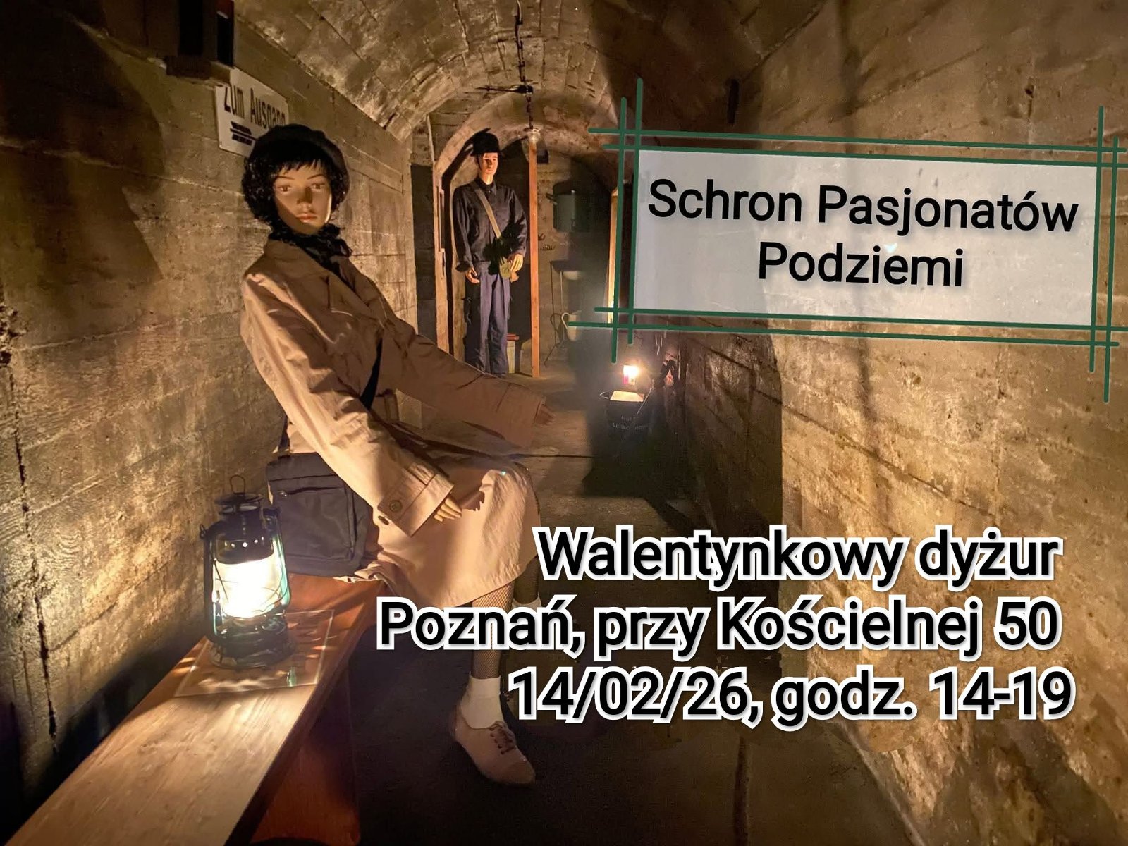 Wnętrze podziemnego schronu. Na nim dwa manekiny przebrane w stare stroje robocze.