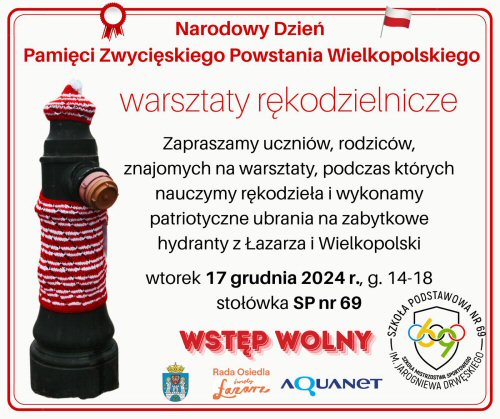 Plakat, który reklamuje warsztaty rękodzielnicze, podczas których wykonane zostaną ubrania na zabytkowe hydranty. Zdjęcie ubranego hydrantu, obok napisy informujące o wydarzeniu.