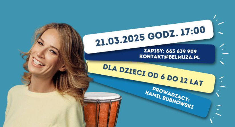 Usmiechnieta kobieta oparta plecami o bęben. Informacje podane na plakacie są w opisie wydarzenia.