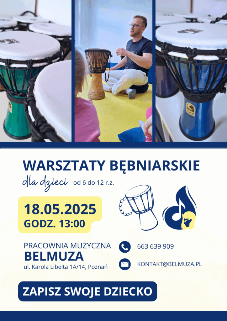 Plakat, który reklamuje warsztaty bębniarskie dla dzieci. W centralnej części kolaż trzech zdjęć bębnów oraz prowadzącego zajęcia. Pod kolażem napisy, które informują o wydarzeniu.