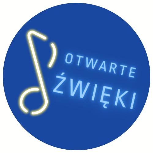 Niebieskie logo w kształcie koła. Na logu neon w kształcie nuty. Obok napis:"Otwarte dźwięki".