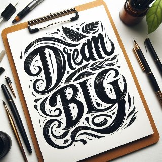 Notes a na nim duży, czarny, stylizoawny napis Dream Big. Obok notesu pióra i ołówki.