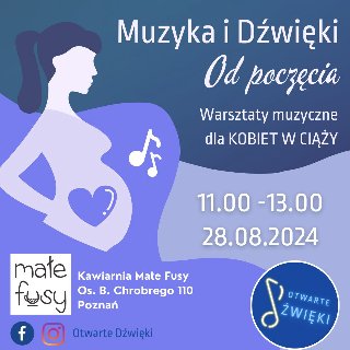 Plakat, rysunek kobiety w ciąży ustawionej bokiem do widza. Na brzuchu narysowno duże serrce, przed brzuchem nuty. Z boku napisy informujące o wydarzeniu.