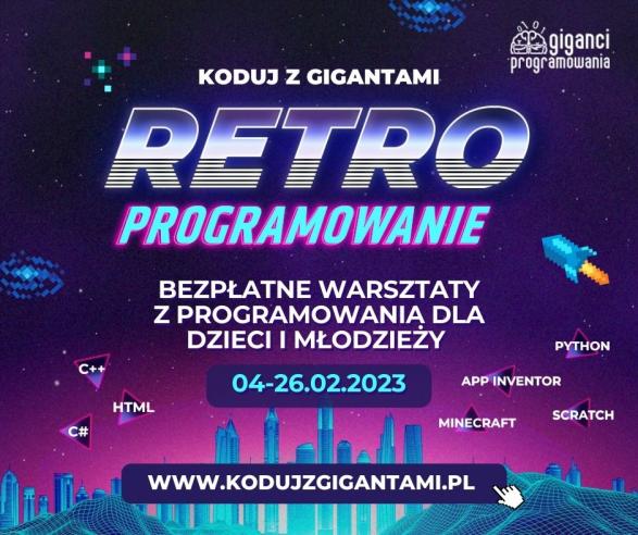 Obrazek przedstawia napis retroprogramowanie i inne informacje dotyczące tych warsztatów.