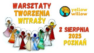 Plakat, który reklamuje warsztaty tworzenia witraży. Pod kolorowym napisem kolorowe aniołki zrobione ze szkła.