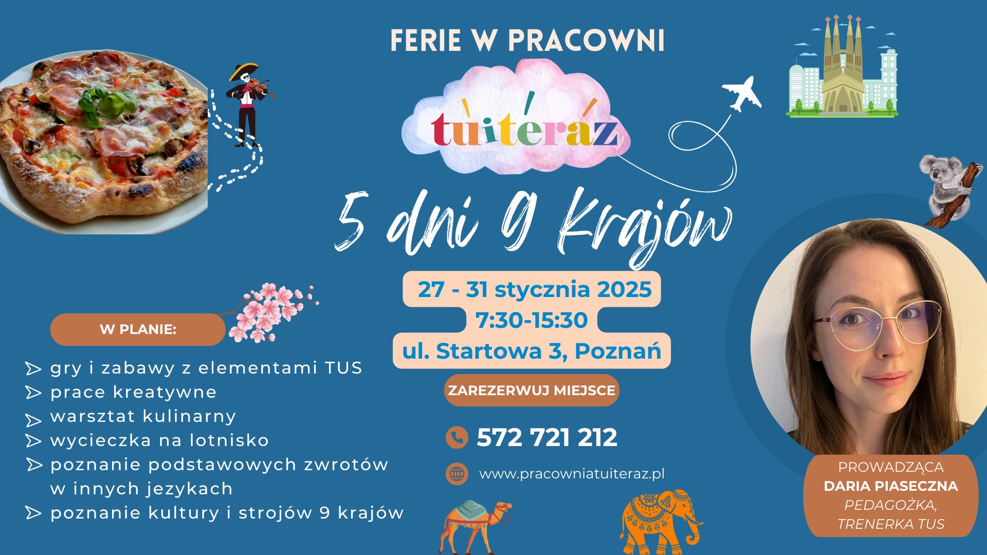 Granatowe tło z kilkoma kolorowymi grafikami, które przedstawiają jedzenie lub elementy kultury różnych krajów. Po prawej w okrągłej ramce zdjęcie portretowe kobiety w okrągłych okularach i długich brązowych włosach. Jest to plakat informujący w skrócie o półkoloniach. Informacje z plakatu powtórzono w treśći artykułu.