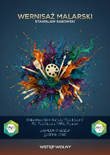 Obraz przedstawia wybuch kolorów, z różnymi narzędziami artystycznymi, takimi jak pędzle i paleta, rozsypanymi w centralnej części, otoczonymi rozpryskami farby w odcieniach niebieskiego, pomarańczowego, zielonego i fioletowego. Dynamiczna kompozycja sprawia wrażenie twórczej energii i artystycznej ekspresji, symbolizując połączenie różnych form sztuki.