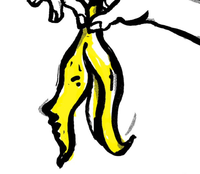 Grafika Grzegorza Myćki. Przedstawia dłoń, która trzyma skórkę od banana.