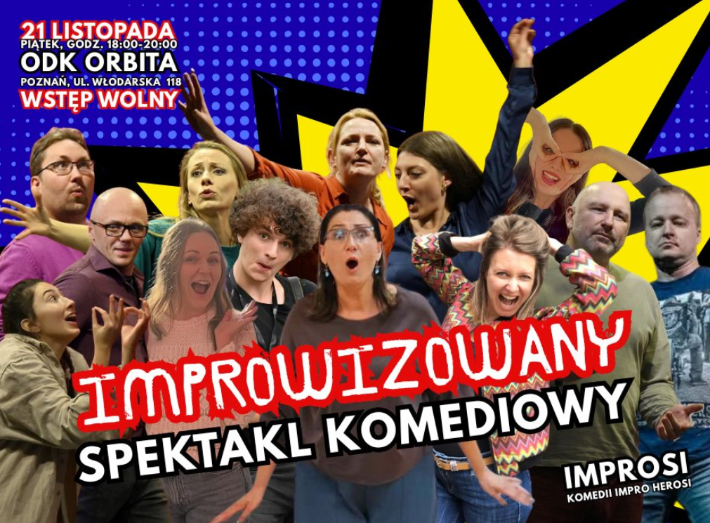 Plakat z grupowym zdjęciem aktorów, którzy robią śmieszne miny. Na plakacie informacje powtórzone w treści artykułu.