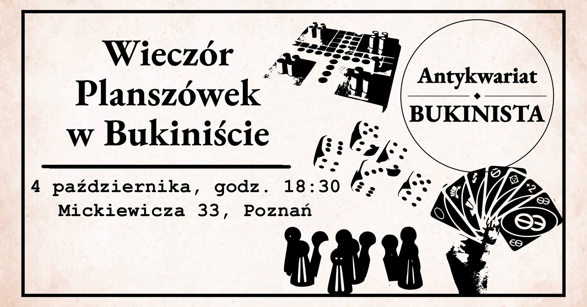 Informacje o wieczorze z planszówkami w Antykwariacie Bukinista.