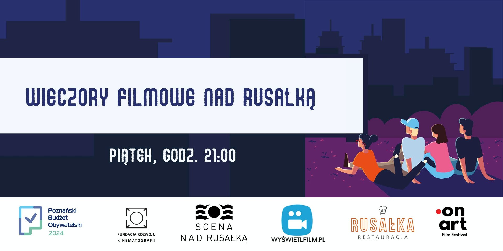 Grafika przedstawia grupkę młodych ludzi, którzy leżą na trawie i oglądają film w plenerze.