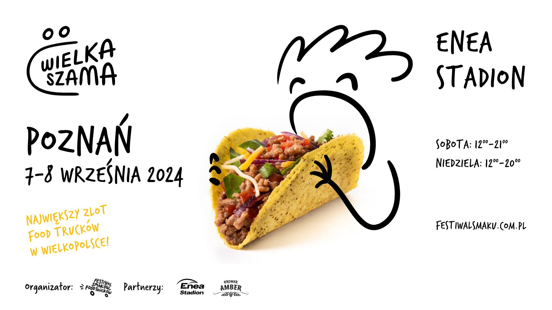 Na białym tle leży taco, które jest wpisane w grafikę przedstawiającą osobę biorącą gryza.