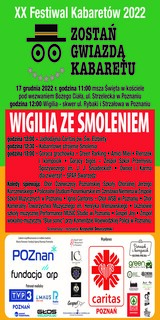 Plakat reklamujący wydarzenie Wigilia ze Smoleniem. Zawiera szczegółowe informacje o przebiegu wydarzenia, jego organizatorach i patronacie medialnym.