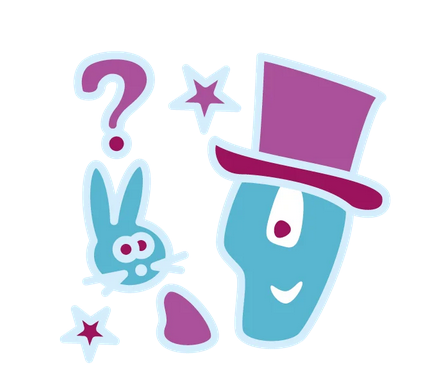 Kolorowa postać przedstawia iluzjonistę z cylindrze. Obok niego zając, nad którym wisi znak zapytania.