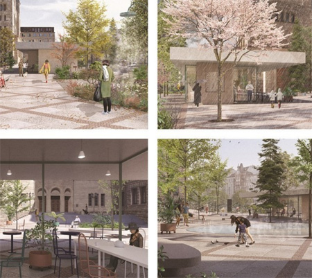 Wizualizacja przestrzeni przed CK Zamk: drzewo, stół z krzesłami, fontanna, kiosk.