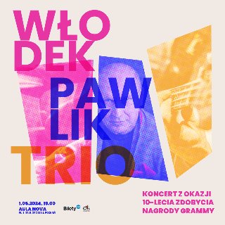 plakat to trzy zdjęcia: środkowe w kolorze fioletowym przedstawia wykonawce, po prawej żółte fragment fitary a po lewej rózowe malo widoczne bo zasłania je tytuł