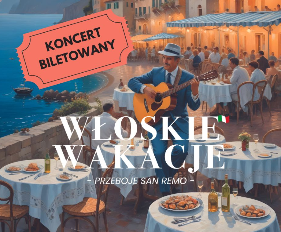 Obrazek z nadmorskiego miasteczka, ludzie siedzą przy stolikach, a między nimi spaceruje gitarzysta.