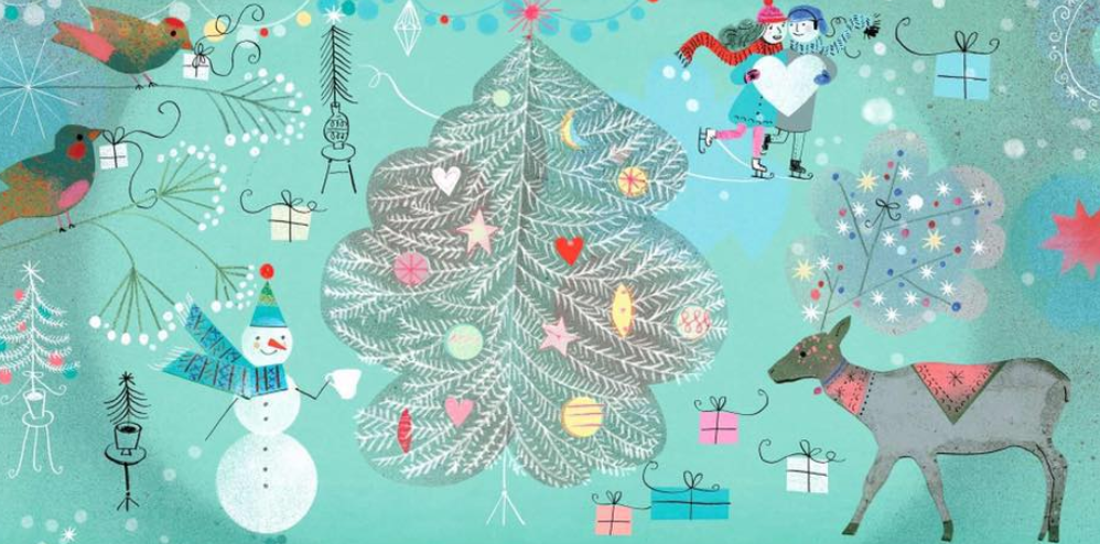 Świąteczny rysunek w pastelowych barwach. Choinka dookoła której narysowano różne elementy, m.in. parę łyżwiarzy, która trzyma serce, prezenty, ptaki, bałwana, renifera.