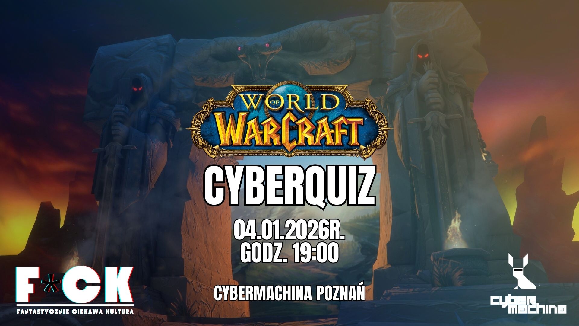 Zrzut ekranu z gry przedstawia kamienny łuk z rzeźbionym wężem i dwoma postaciami z mieczami. Na środku logo gry World of Warcraft.