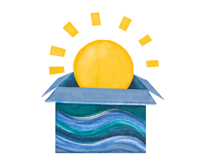 Niebieskie pudełko a z niego wychodzi żółte słońce.