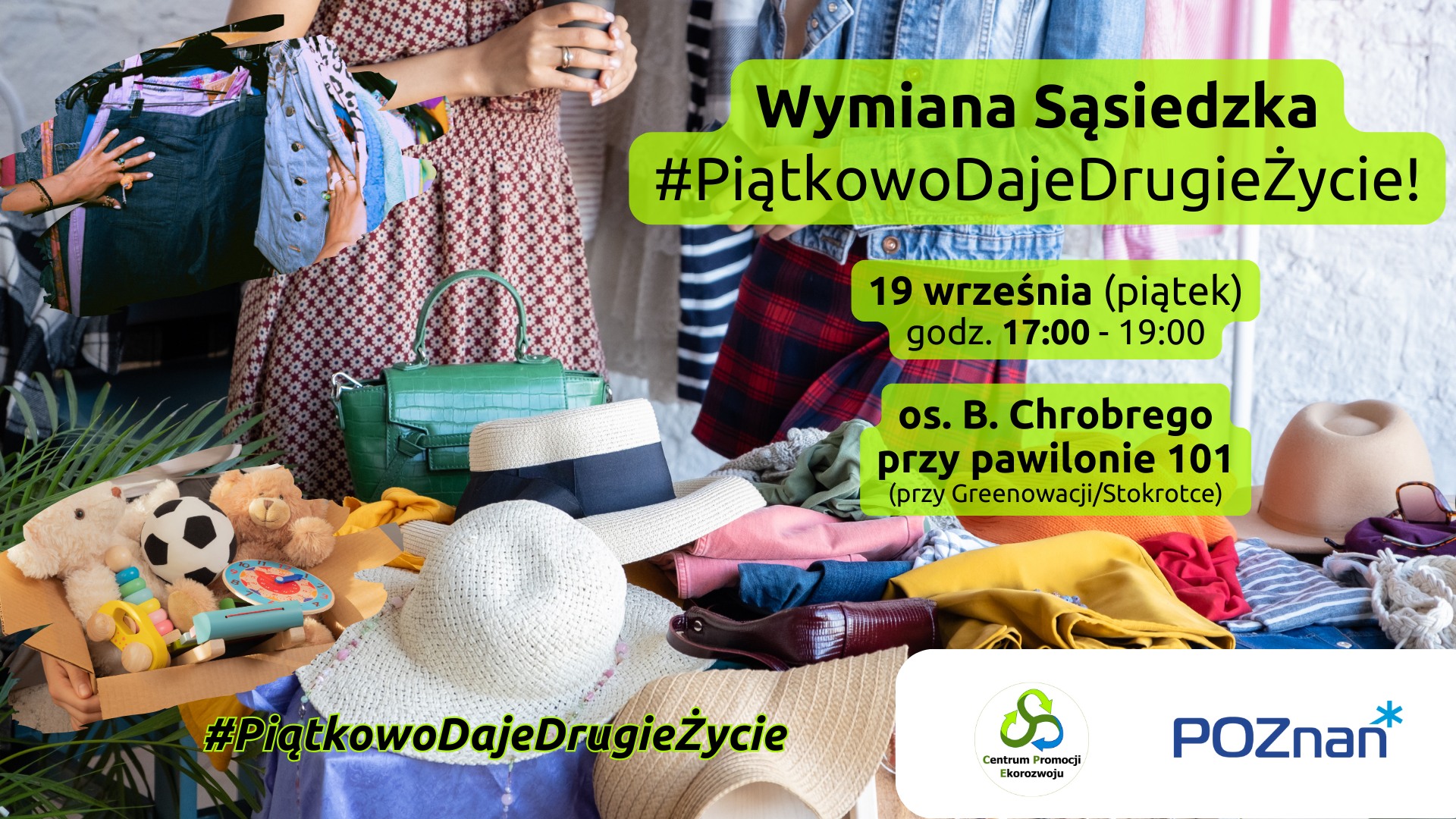 Na stole rozłozone różne rzeczy: ubrania, zabawki, torby, kapelusze. Za stołem stoją dwie kobiety i rozmawiają.