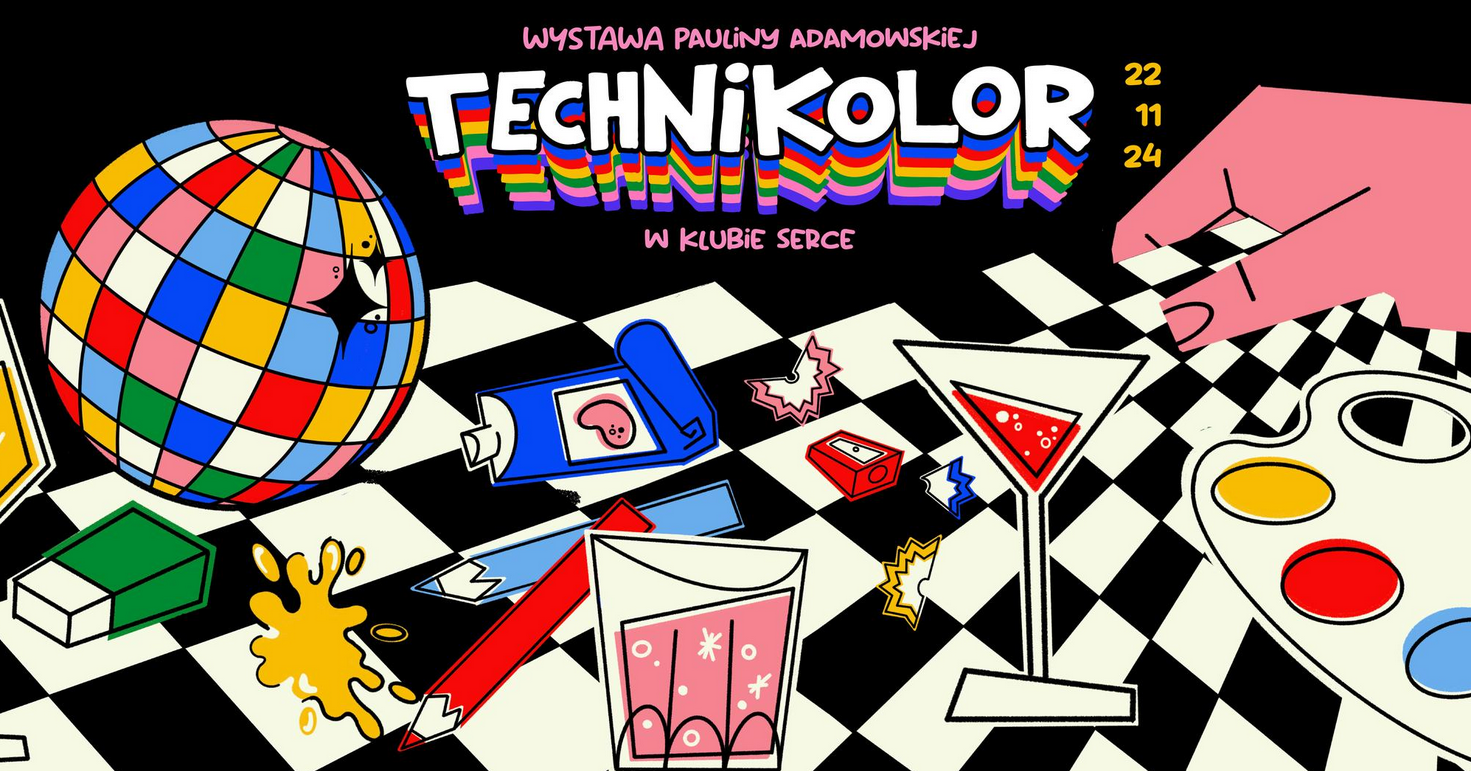 Plakat utrzymany jest w stylu pop-artowym z jasnymi, nasyconymi kolorami. Na czarno-białym tle w szachownicę znajdują się kolorowe elementy graficzne, takie jak kula dyskotekowa z motywem mozaiki, farby, kredki, paleta malarska, koktajl w kieliszku, gumka do mazania oraz inne przedmioty. Tytuł "Technikolor" jest przedstawiony w dużej, białej czcionce z tęczowym cieniowaniem, co przyciąga uwagę i podkreśla dynamiczny charakter plakatu.