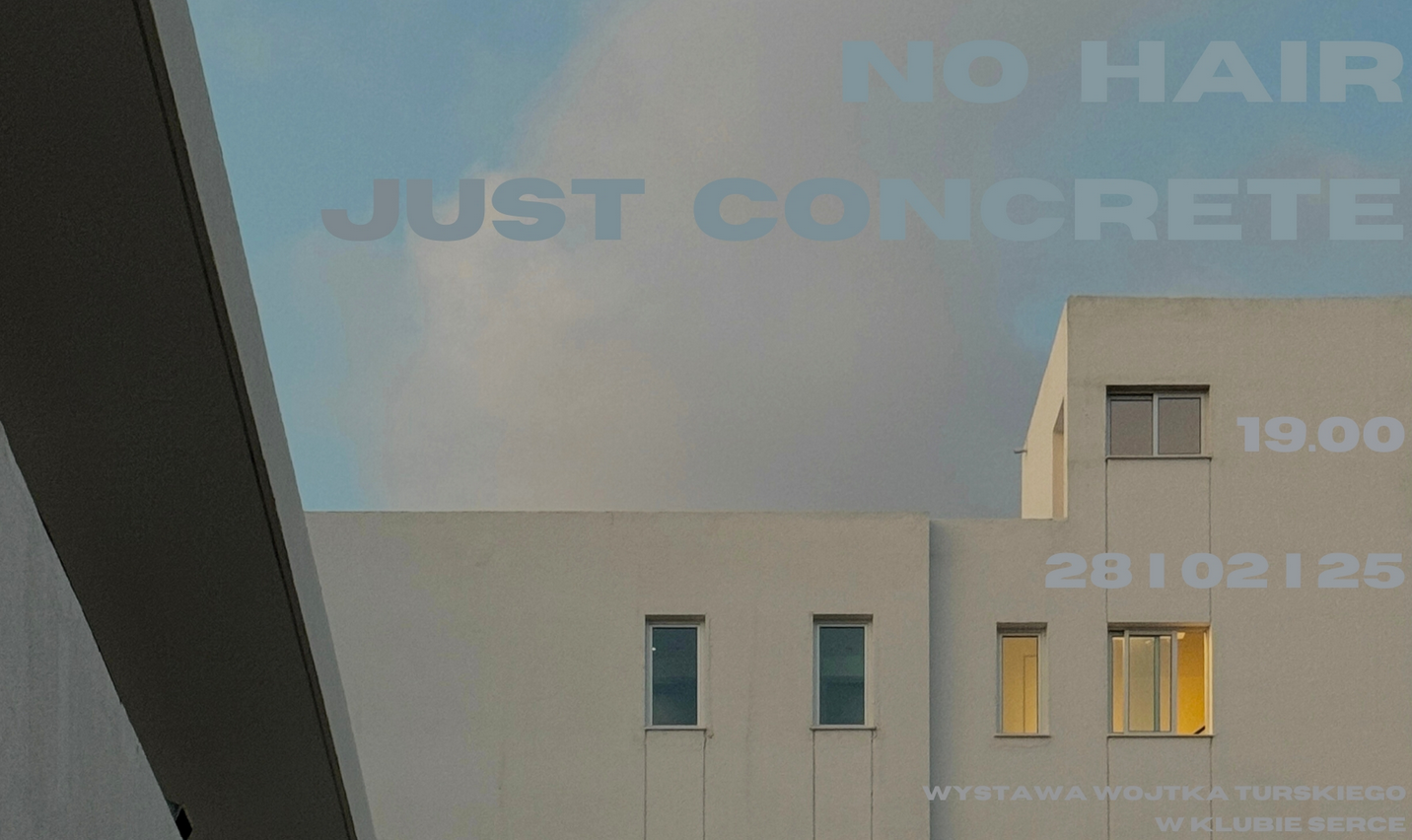 Plakat wystawy fotograficznej "No hair just concrete". Zdjęcie fragmentu betonowej konstrukcji.